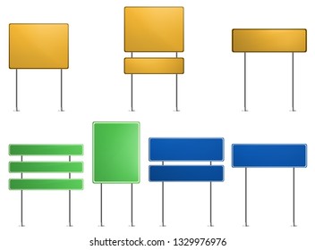 Green, blue, yellow traffic signs. Road board text panel, mockup signage highway, city signpost location,  street way, vector set 
