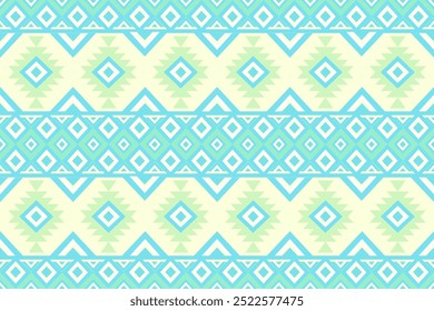 Green, blue, yellow, and white geometric patterns that are traditional, ethnic, Navajo, or Native American Indian. designs for clothing, curtains, carpets, sarongs, Hmong, and fabric edges.