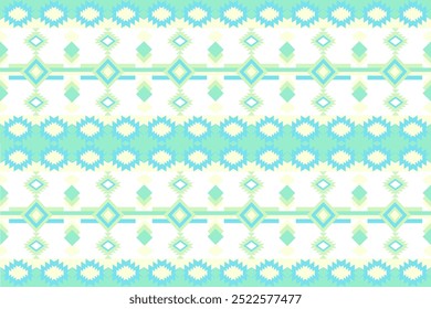 Green, blue, yellow, and white geometric patterns that are traditional, ethnic, Navajo, or Native American Indian. designs for clothing, curtains, carpets, sarongs, Hmong, and fabric edges.