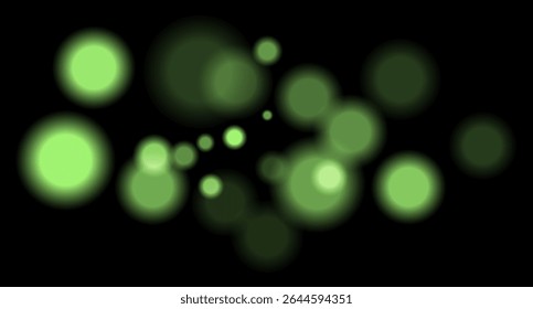 Verde borrado bokeh círculos no fundo preto com brilho suave, imitando luzes distantes ou destaques desfocados em ambiente de pouca luz.