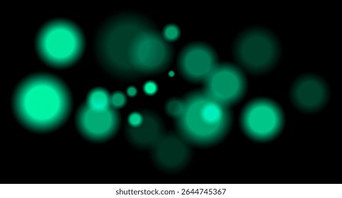 Green blurred bokeh circles on black background with soft glow, imitating distant lights or defocused highlights in low-light environment.