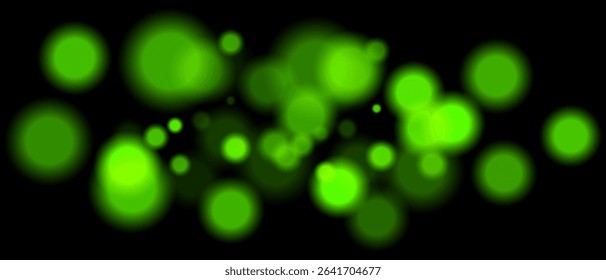 Green blurred bokeh particles with varying size and opacity on black background. Abstract design element for festive or sci-fi scenes.