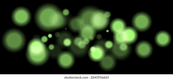 Partículas bokeh verdes desfocadas com tamanho e opacidade variáveis no fundo preto. Elemento de design abstrato para cenas festivas ou de ficção científica.