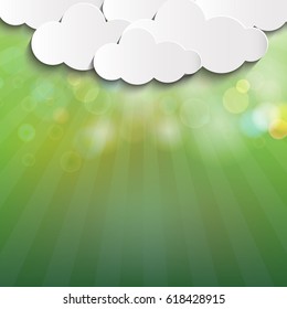 Green blurred nature background.With cloud paper art.Vector illustration.