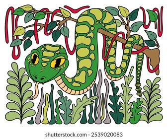 Constrictor de boa verde en la selva dibujado a mano plana. Linda serpiente. Animal natural de la vida salvaje. Depredador peligroso. Anaconda, víbora, serpiente de cascabel, pitón. Vector ilustración de dibujos animados.