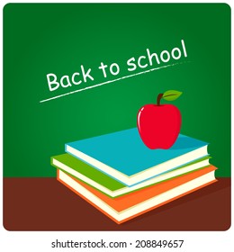 Green board, books and apple in classroom. Vector illustration.