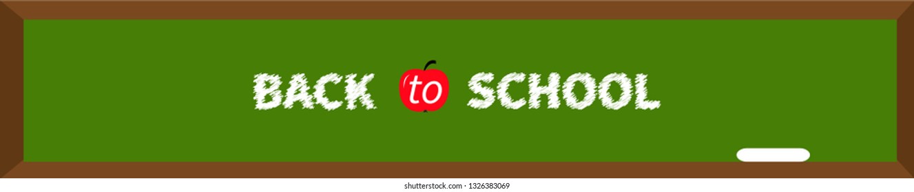 Green board with chalk. Back to school. Red apple. Flat design. Vector illustration