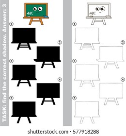 Green Board with different shadows to find the correct one, compare and connect object with it true shadow, the educational kid game with simple gaming level.