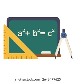 Green board with math formula ruler and compass for school geometry learning