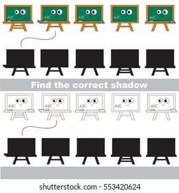 Green Board set to find the correct shadow, the matching educational kid game to compare and connect objects and their true shadows, simple game level for preschool kids education.
