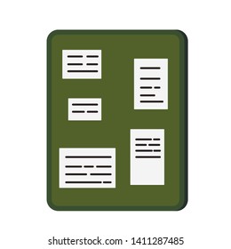Green board with sticky notes in flat style isolated on white background. Vector illustration of note in on the cork bulletin board without frame. Graphic design element for web.