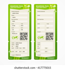 Green Boarding Pass Ticket Set. Vector illustration