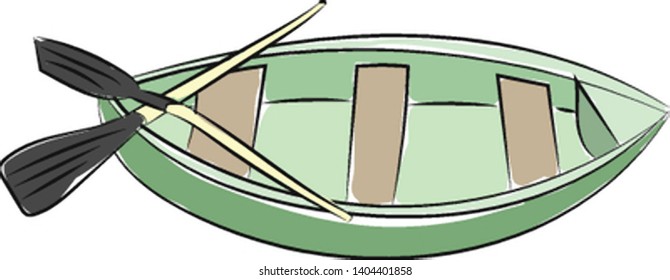 A green boat with brown seats, with two black paddle, vector, color drawing or illustration. 