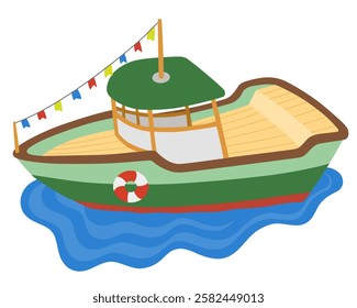 green boat with flags on the masts