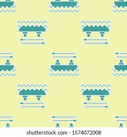 Green Boat with oars and people icon isolated seamless pattern on yellow background. Water sports, extreme sports, holiday, vacation, team building.  Vector Illustration