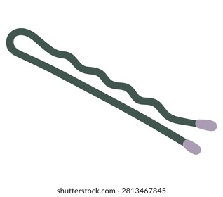 Green bobby pin with a wavy upper side, straight lower side and purple rounded tips, shown diagonally and isolated on a white background.