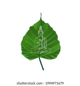 Green Bodhi leaves have white streaks in the shape of a Buddha image on the leaf.Isolated vector illustration on a white background.
