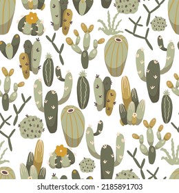 Green Boho Cactus Plants Vector Seamless Pattern