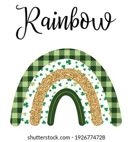 Green boho, scandinavian style rainbow, Saint patrick's Day, ecology concept, with stipple golden and buffalo plaid texture. Vector illustration.