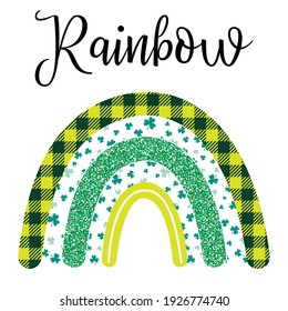 Green boho, scandinavian style rainbow, Saint patrick's Day, ecology concept, with stipple green and buffalo plaid texture. Vector illustration.