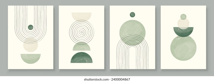 Green Boho Wall Art Set 3 ó 4 piezas de afiches Resumen Boho Rainbow Impresiones Boho Arte a mediados del siglo Moderno Neutral de la decoración de la pared verde neutra