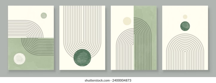 Green Boho Wall Art Set 3 or 4 Pieces of Posters Abstract Boho Rainbow Prints Boho Artwork Mid Century Modern Neutral Green Wall Decor