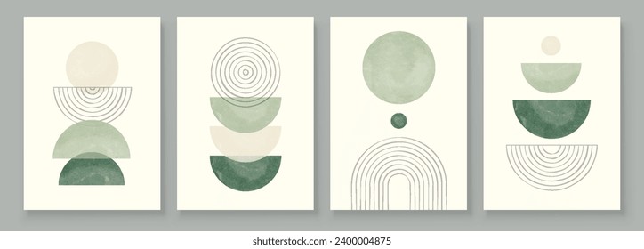 Green Boho Wall Art Set 3 or 4 Pieces of Posters Abstract Boho Rainbow Prints Boho Artwork Mid Century Modern Neutral Green Wall Decor