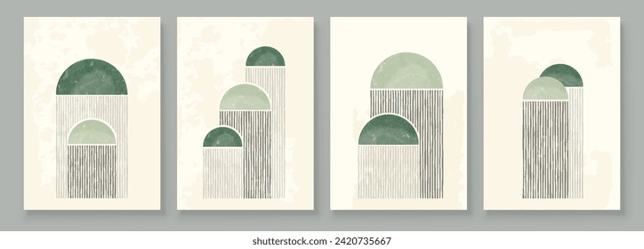 Green Boho Wall Art Set 3 ó 4 piezas de afiches Resumen Boho Rainbow Impresiones Boho Arte a mediados del siglo Moderno Neutral de la decoración de la pared verde neutra