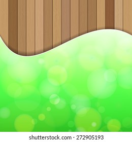 Green bokeh abstract light background with frame and plank wood - Vector eps10