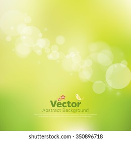 Green bokeh abstract light background, with bird and flower for decoration