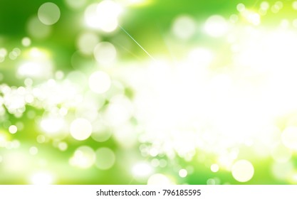 Green bokeh background, morning park scene with strong sunbeam in 3d illustration