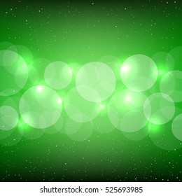 Green bokeh background with shine circles. Christmas and New Year backdrop