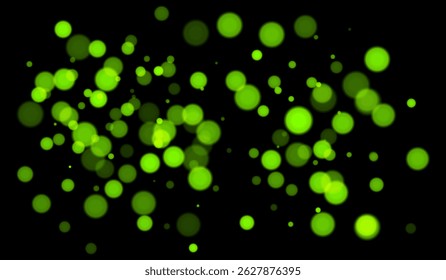 Fondo bokeh verde con círculos brillantes suaves sobre fondo oscuro. Efecto desenfoque de luz suave para diseños y superposiciones de Vectores abstractos, futuristas o festivos.
