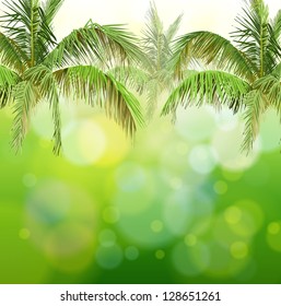 Bokeh verde con ramas de palmeras - fondo vectorial / Eps10