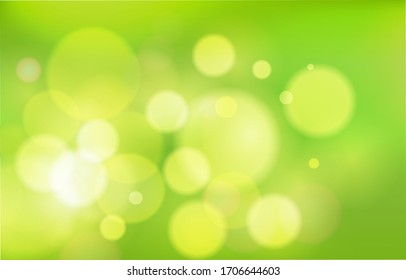 Green bokeh bright background. Soft blur light. Abstract bokeh blurred. Green Shiny bokeh light effect. Nature fresh background. Vector illustration.