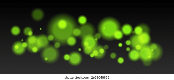 Green bokeh. Cool light dots with glow and soft edges, floating blur effect on transparent surface for winter, night or calm futuristic visuals.