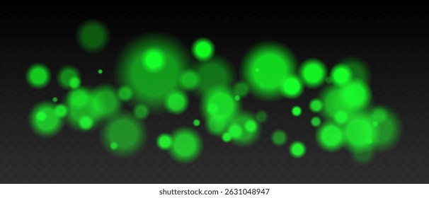 Bokeh verde. Pontos leves frios com brilho e bordas suaves, efeito de desfoque flutuante na superfície transparente para o inverno, a noite ou calmos visuais futuristas.