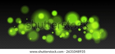Green bokeh. Cool light dots with glow and soft edges, floating blur effect on transparent surface for winter, night or calm futuristic visuals.