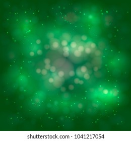 Green bokeh effect abstract background. Blurred backdrop. Festive defocused lights. St. Patrick's Day vector illustration. Easy to edit design template for your artworks.