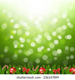 Green Bokeh With Fir Tree Border With Gradient Mesh, Vector Illustration