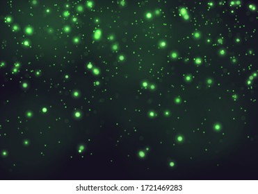 Green bokeh light background. Sparkle effect with particles. Magic overlay dust. Glitter blur texture.