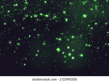 Green bokeh light background. Sparkle effect with particles. Magic overlay dust. Glitter blur texture.