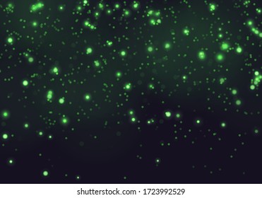 Green bokeh light background. Sparkle effect with particles. Magic overlay dust. Glitter blur texture.