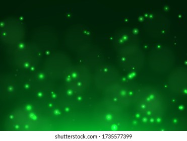 Green bokeh light background. Sparkle effect with particles. Magic overlay dust. Glitter blur texture.