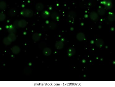 Green bokeh. Overlay light background. Sparkle effect with particles. Magic dust. Glitter blur texture.