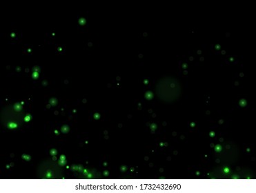 Green bokeh. Overlay light background. Sparkle effect with particles. Magic dust. Glitter blur texture.