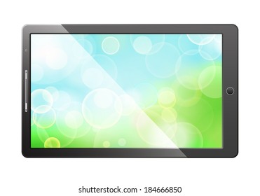 green bokeh screen in tablet pc, isolated on white background