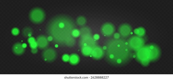 Green bokeh. Soft glowing spheres with warm tint and blur, floating abstract particles for elegant, dreamy or romantic visual compositions.