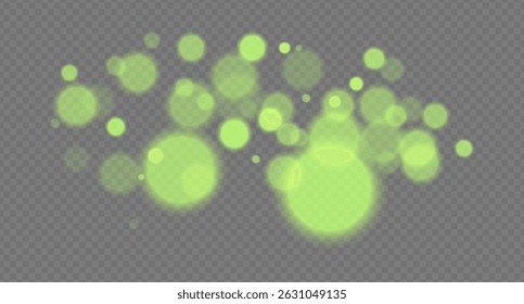 Bokeh verde. Círculos brilhantes de ouro suave com luz borrada e gradiente suave em fundo transparente para projetos festivos, aconchegantes ou mágicos.