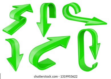 Green bold arrows. 3d shiny signs. Vector illustration isolated on white background